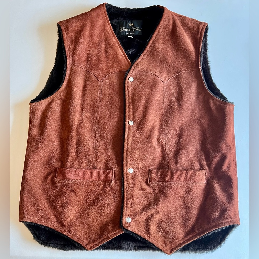 Vintage Men's Suede Golden Fleece Snap Front Vest - Size Med